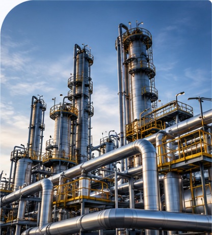 Imagem ilustrativa: Instalações industriais com torres e tubulações